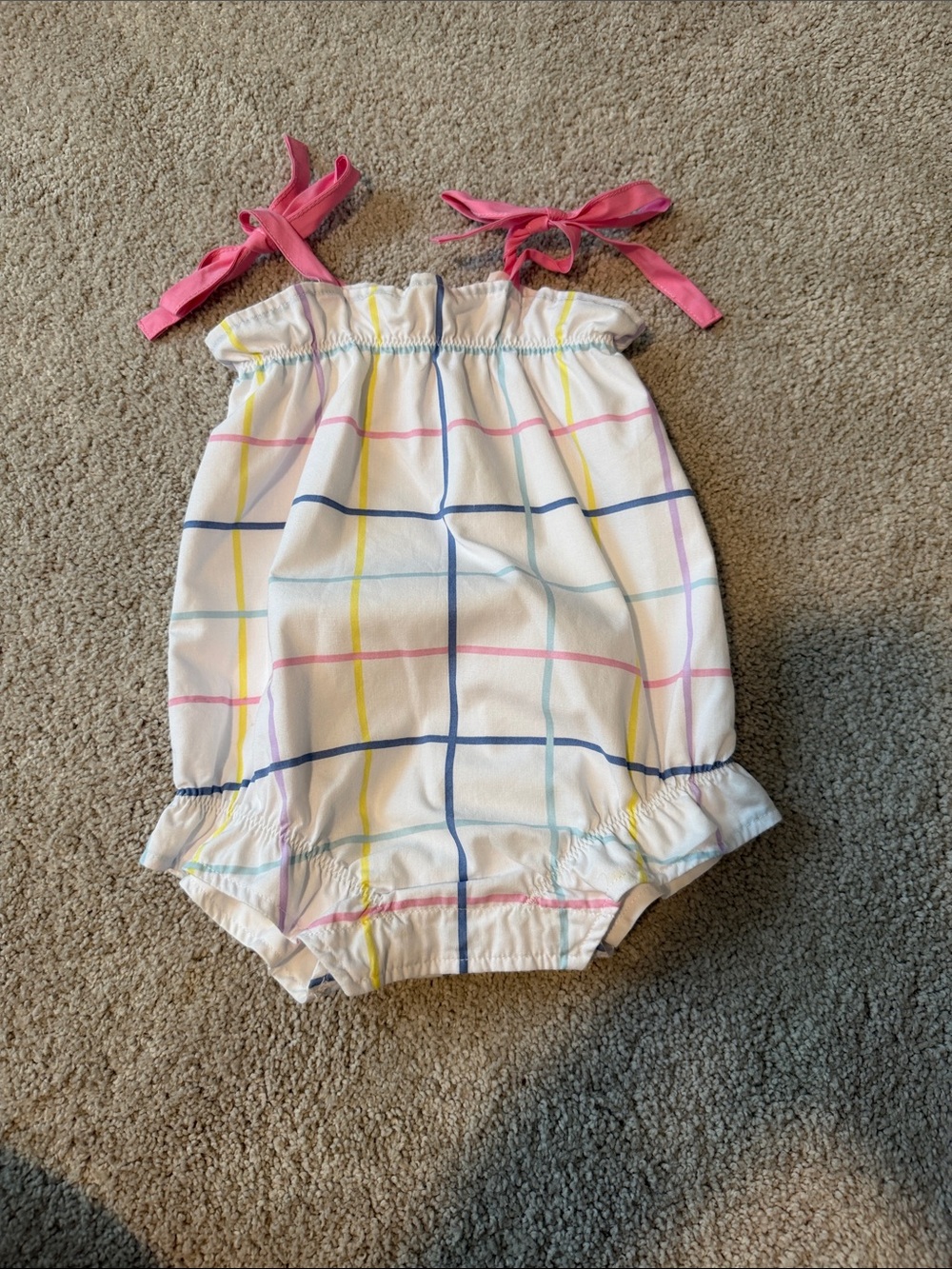 The Beaufort Bonnet Company Girls White Plaid Bubble Romper with Pink Ties